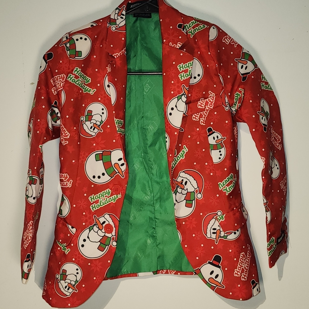 Vibrant Red Holiday Blazer with Santa Pattern and Green Lining